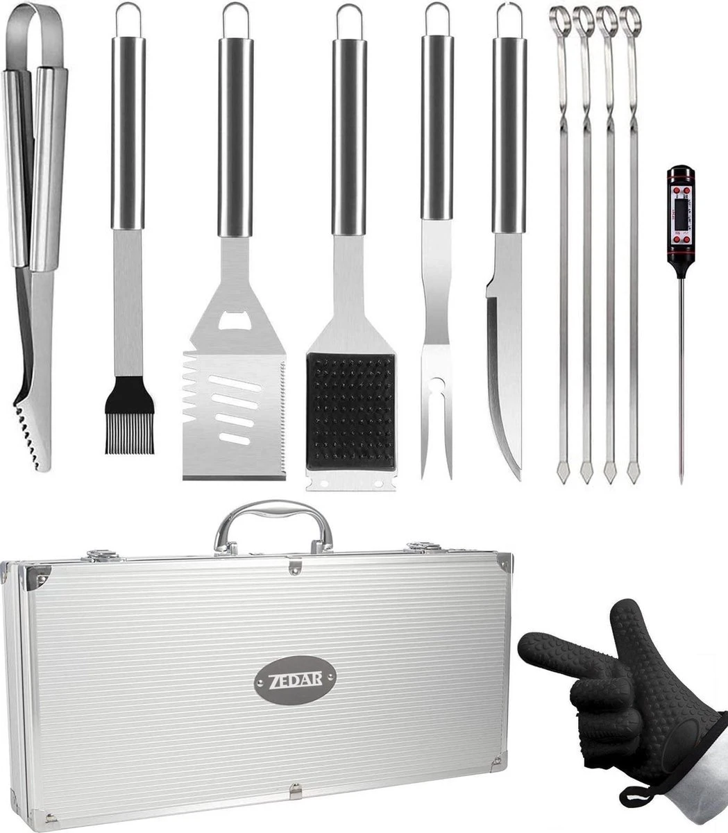 BBQ Accesoires Set Met Thermometer, Handschoenen, Bbq Tang, Bbq Borstel Van Zedar 3 BBQ Accesoires Set Met Thermometer, Handschoenen, Bbq Tang, Bbq Borstel Van Zedar