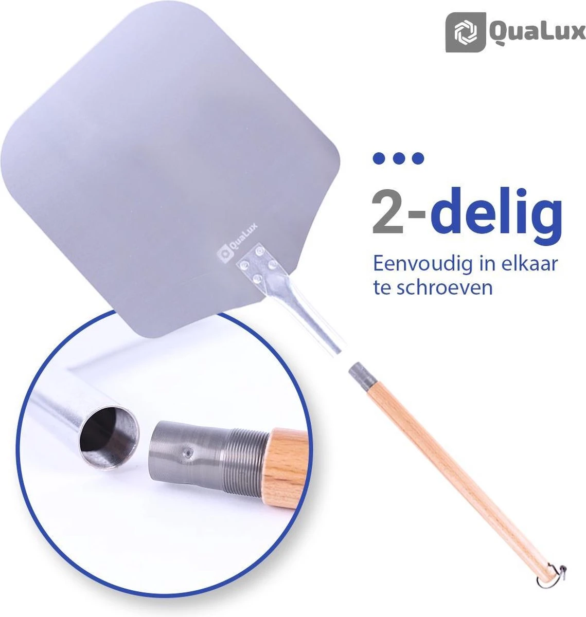 Qualux Pizzaschep Tweedelig – Pizzaschep Voor BBQ – Ophangbaar – Hout/rvs 8 Qualux Pizzaschep Tweedelig – Pizzaschep Voor BBQ – Ophangbaar – Hout/rvs - Afbeelding 6