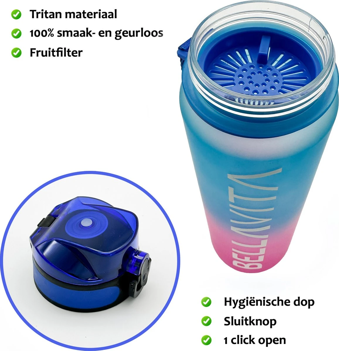 BELLAVITA Drinkfles - Blauw / Roze - Waterfles - Drinkfles Volwassenen - Drinkfles Kinderen - Drinkfles 1 Liter - Fles - 1 Liter - 1000ml - Tritan - Fruitfilter- BPA-vrij - 100% Lekvrij 6 BELLAVITA Drinkfles - Blauw / Roze - Waterfles - Drinkfles Volwassenen - Drinkfles Kinderen - Drinkfles 1 Liter - Fles - 1 Liter - 1000ml - Tritan - Fruitfilter- BPA-vrij - 100% Lekvrij - Afbeelding 4