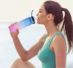 Designed On 45th | Motivatie Waterfles | Drinkfles Met Rietje | Waterfles Met Tijdmarkering | Waterfles 1 Liter | Blauw En Roze | BPA Vrij -Merkloos Winkel 1200x1109