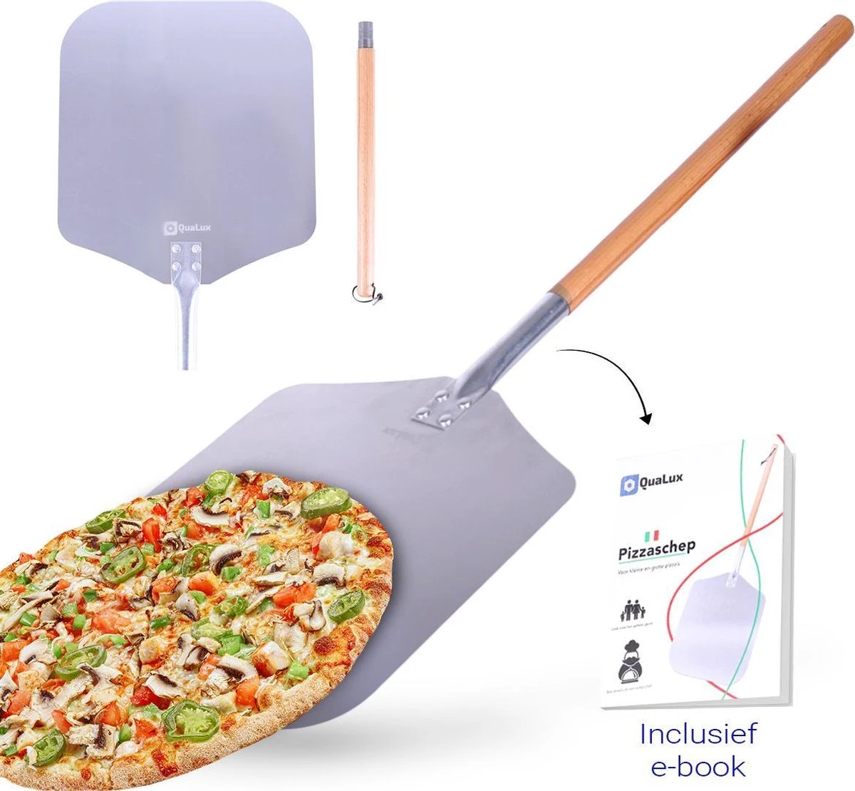 Qualux Pizzaschep Tweedelig – Pizzaschep Voor BBQ – Ophangbaar – Hout/rvs 3 Qualux Pizzaschep Tweedelig – Pizzaschep Voor BBQ – Ophangbaar – Hout/rvs