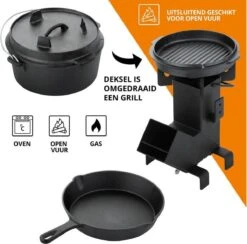 Dutch Mountains Gietijzeren Pannenset 7-delig - Dutch Oven – Braadpan - Grillpan - Hapjespan - Kookset In Houten Transportkist - Deksellifter - Brander -Merkloos Winkel 1200x1185 1