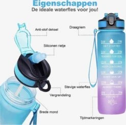 Designed On 45th | Motivatie Waterfles | Drinkfles Met Rietje | Waterfles Met Tijdmarkering | Waterfles 1 Liter | Blauw En Roze | BPA Vrij -Merkloos Winkel 1200x1186 2