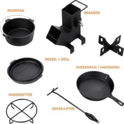 Dutch Mountains Gietijzeren Pannenset 7-delig - Dutch Oven – Braadpan - Grillpan - Hapjespan - Kookset In Houten Transportkist - Deksellifter - Brander -Merkloos Winkel 1200x1197 7