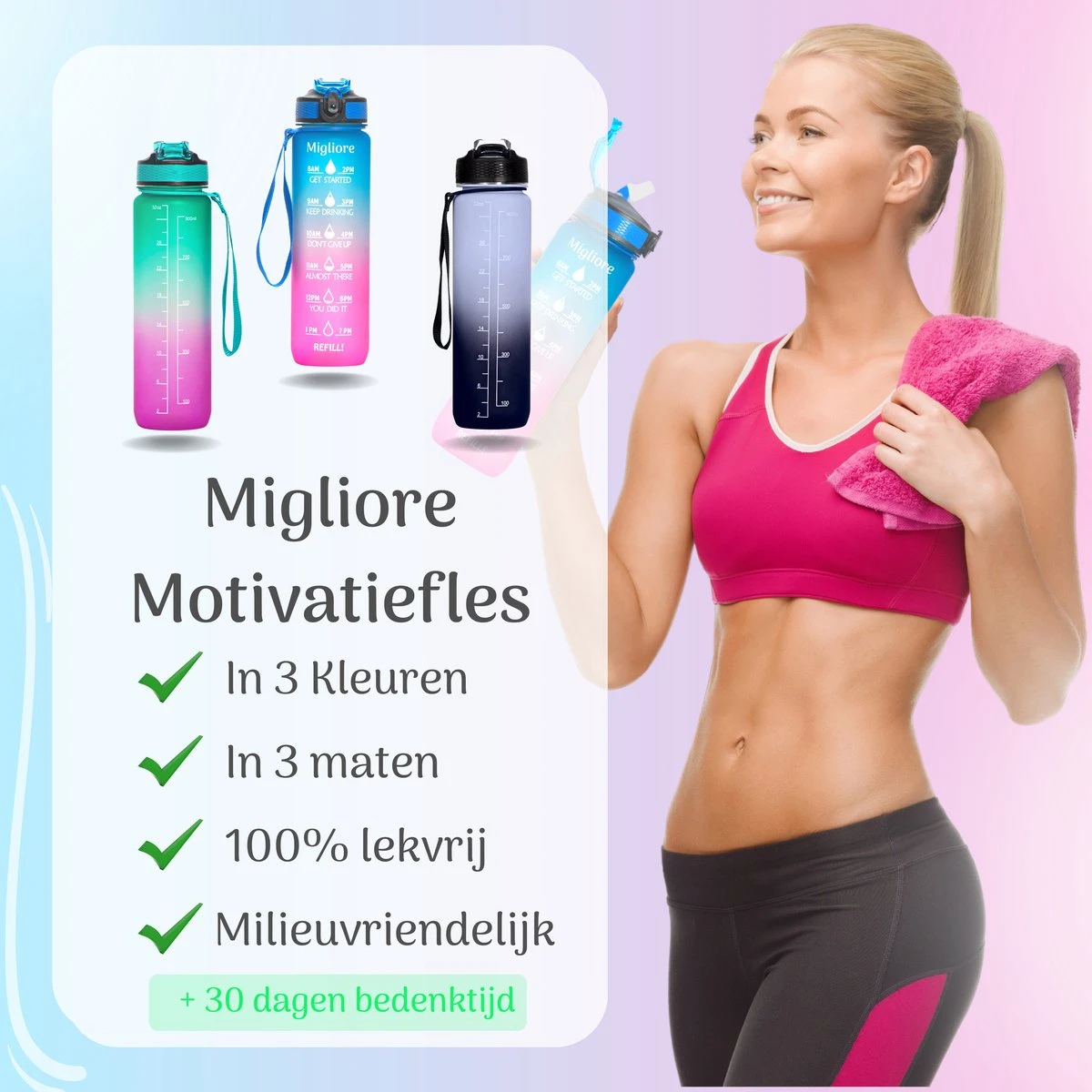 Migliore Drinkfles – Luxe Drinkfles Met Rietje – Waterfles 1 Liter – Water Bottle – Motivatie Waterfles Met Tijdmarkeringen, Ook In 600 Ml En 2 Liter 4 Migliore Drinkfles – Luxe Drinkfles Met Rietje – Waterfles 1 Liter – Water Bottle – Motivatie Waterfles Met Tijdmarkeringen, Ook In 600 Ml En 2 Liter - Afbeelding 2