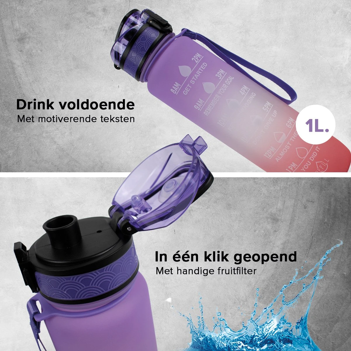 Nimma® Motivatie Waterfles - 1 Liter Drinkfles - Met Tijdmarkeringen En Fruitfilter - Roze Paars 6 Nimma® Motivatie Waterfles - 1 Liter Drinkfles - Met Tijdmarkeringen En Fruitfilter - Roze Paars - Afbeelding 4