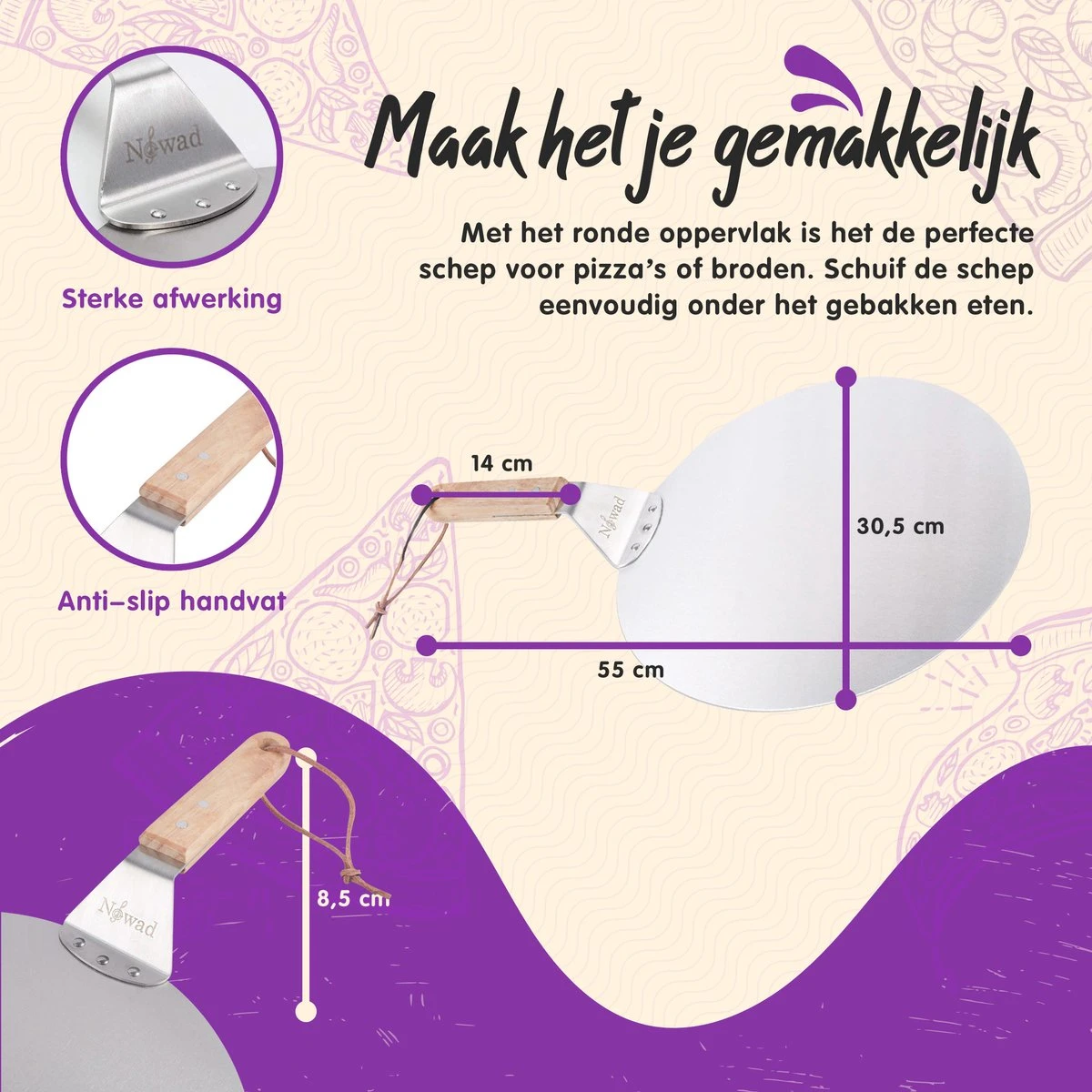 Nowad Pizzaschep RVS Rond Voor BBQ En Oven - 30,5 Cm - Pizzaspatel - Taartschep - Houten Handvat - Ophangbaar - Rond - Vaatwasbestendig - Keukenaccessoires 15 Nowad Pizzaschep RVS Rond Voor BBQ En Oven - 30,5 Cm - Pizzaspatel - Taartschep - Houten Handvat - Ophangbaar - Rond - Vaatwasbestendig - Keukenaccessoires - Afbeelding 13