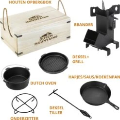 Dutch Mountains Gietijzeren Pannenset 7-delig - Dutch Oven – Braadpan - Grillpan - Hapjespan - Kookset In Houten Transportkist - Deksellifter - Brander -Merkloos Winkel 1200x1200 674
