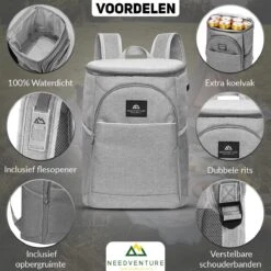 Needventure Koeltas - Lunchtas - Koelrugtas - Picknicktas - 20 Liter - Flessenhouder - Bieropener - Grijs -Merkloos Winkel 1200x1200 867