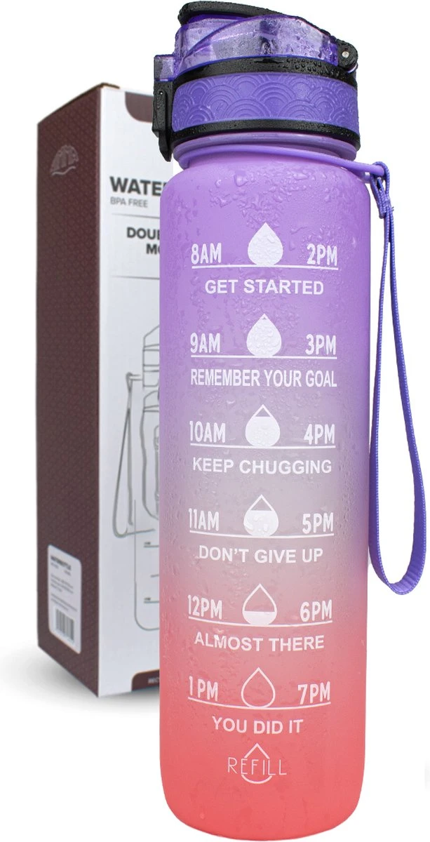 Nimma® Motivatie Waterfles - 1 Liter Drinkfles - Met Tijdmarkeringen En Fruitfilter - Roze Paars 5 Nimma® Motivatie Waterfles - 1 Liter Drinkfles - Met Tijdmarkeringen En Fruitfilter - Roze Paars - Afbeelding 3