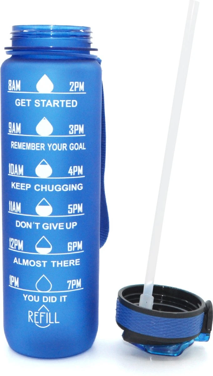 Waterfles Met Tijdmarkering - Motivatie Drinkfles Met Rietje - 1 Liter Waterfles - BPA Vrij - Blauw 5 Waterfles Met Tijdmarkering - Motivatie Drinkfles Met Rietje - 1 Liter Waterfles - BPA Vrij - Blauw - Afbeelding 3